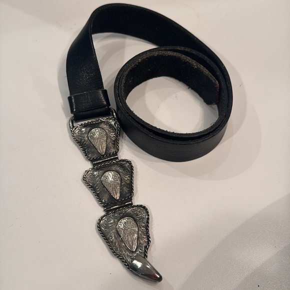 Vintage Western Silver Buckle Belt Leather Boho Black - Picture 1 of 7